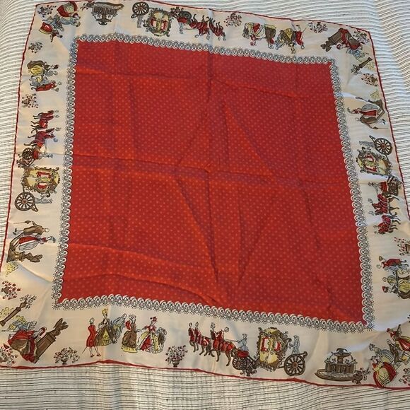 Vintage silk Red and Cream Scarf with Victorian Print - Picture 4 of 11